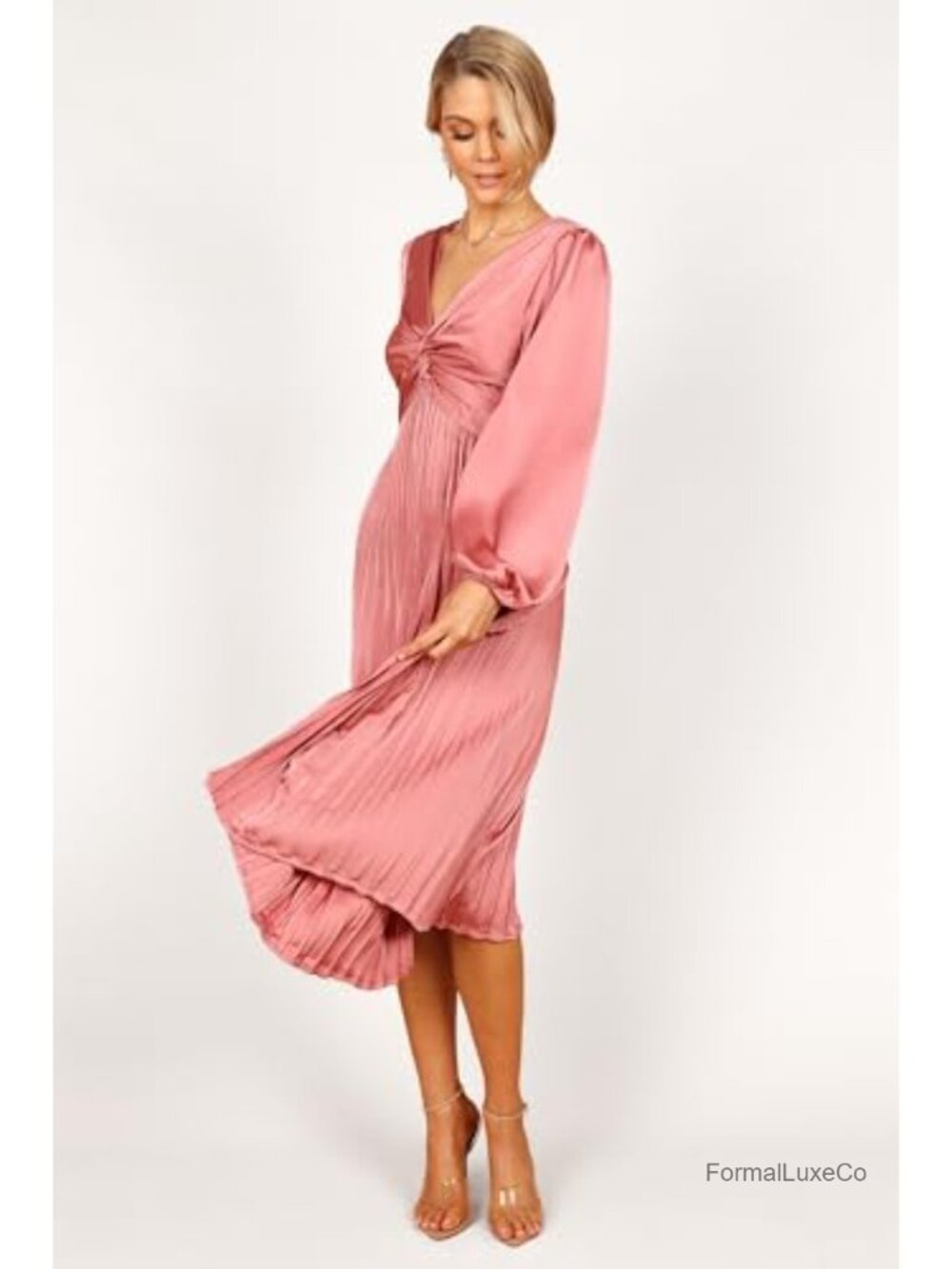 Petal & Pup Noelle Twist Front Pleated Midi Dress Long Sleeve V-Neck - Picture 4 of 5